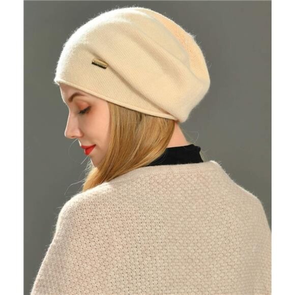 Cashmere Slouchy Knit Beanie Hat for Women Beige - Picture 3 of 6